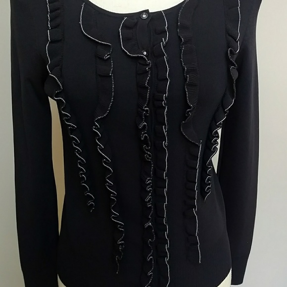 Loft Black/White Ruffled Button-Up Cardigan - Picture 3 of 5
